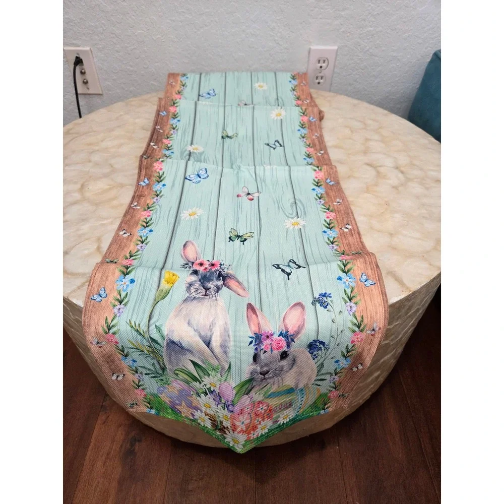 Happy Easter Table Runner 13x108 Bunny Floral Wood Grain Blue Spring Decor NEW